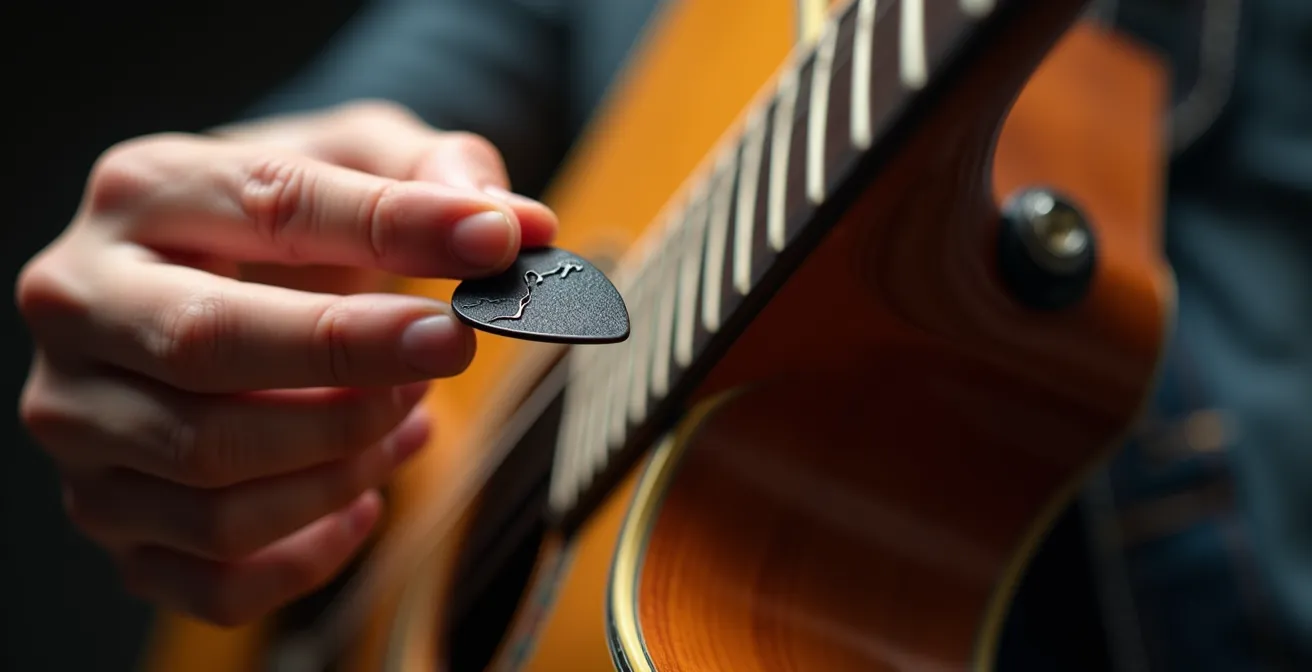Close-up of guitarist's hand transitioning from strumming to picking technique