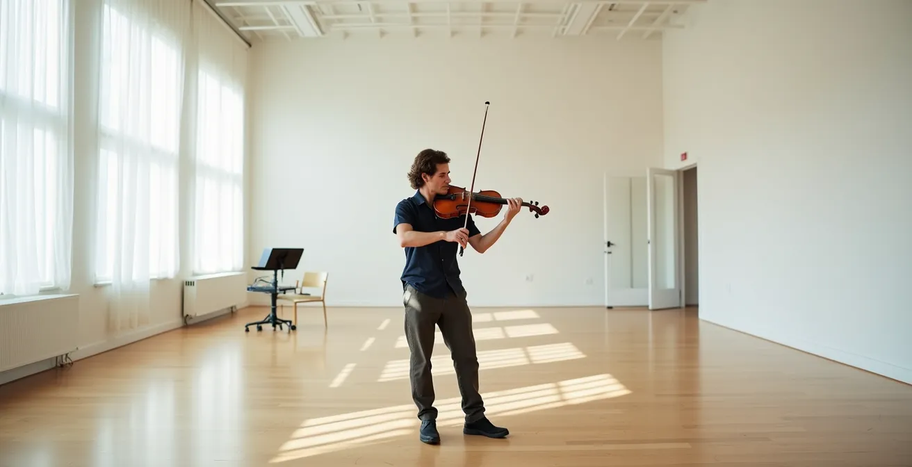 Wide angle view of a violinist demonstrating proper bow technique in a minimalist setting.