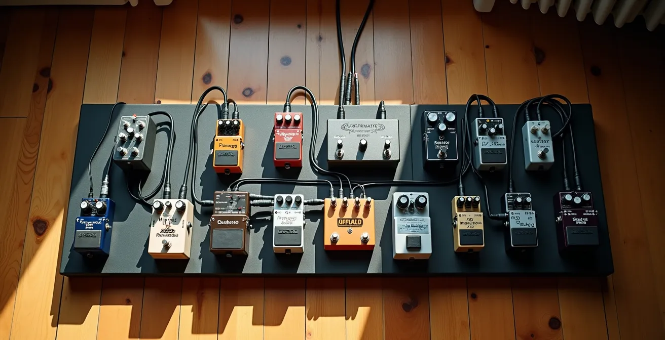 Overhead view of versatile pedalboard with pedals arranged for both acoustic and electric guitar