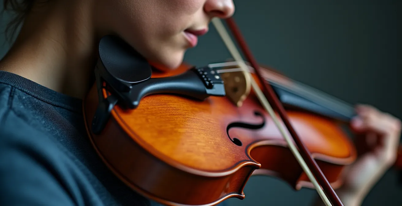 Close-up view of proper violin positioning on an adult musician, showing ergonomic contact points.