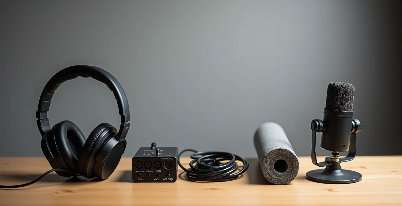 Organized display of five essential home studio components on wooden surface