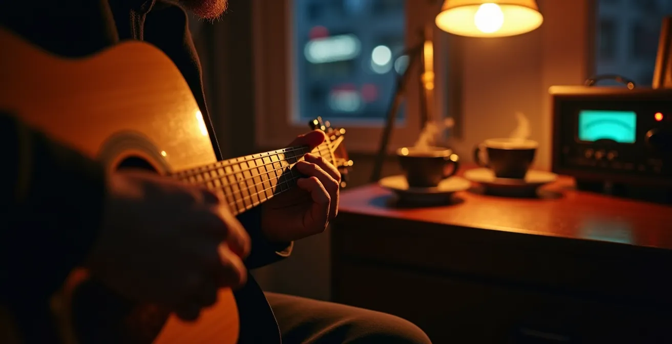 Atmospheric late-night home studio recording session with acoustic guitar
