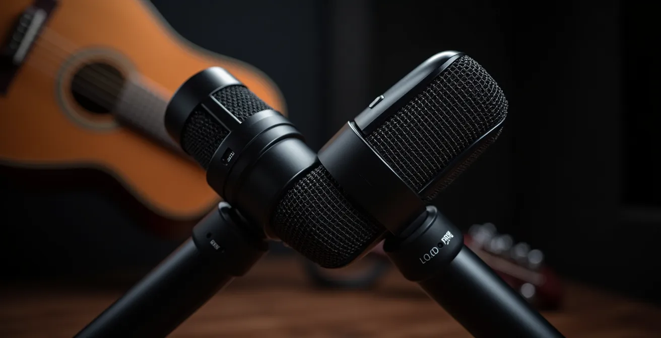 Close-up of Mid-Side microphone setup for acoustic guitar recording