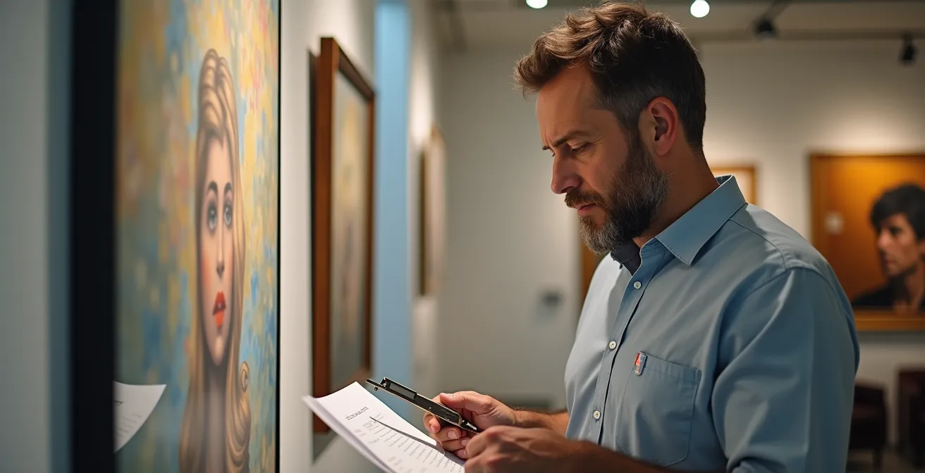Professional art appraiser examining artwork with measuring tools and documentation in gallery setting