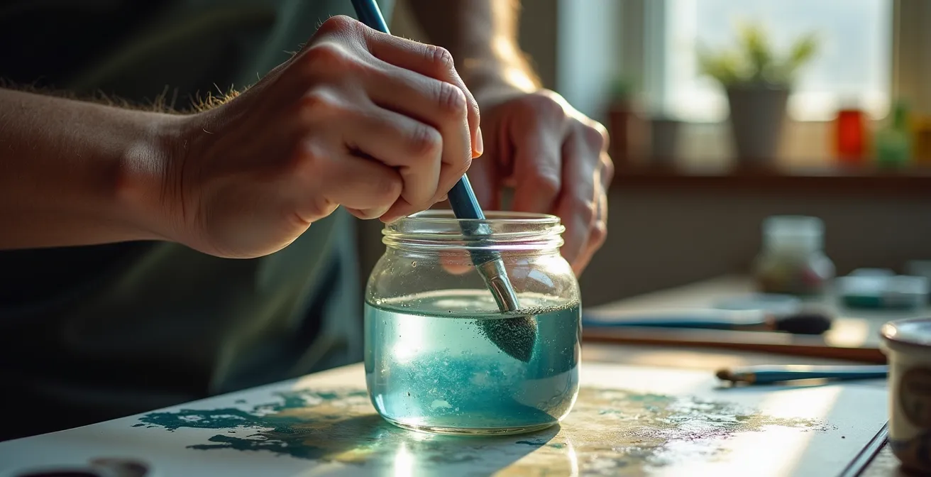 Hands of an artist washing a paint brush in a jar of clear water, showing white pigment dispersing