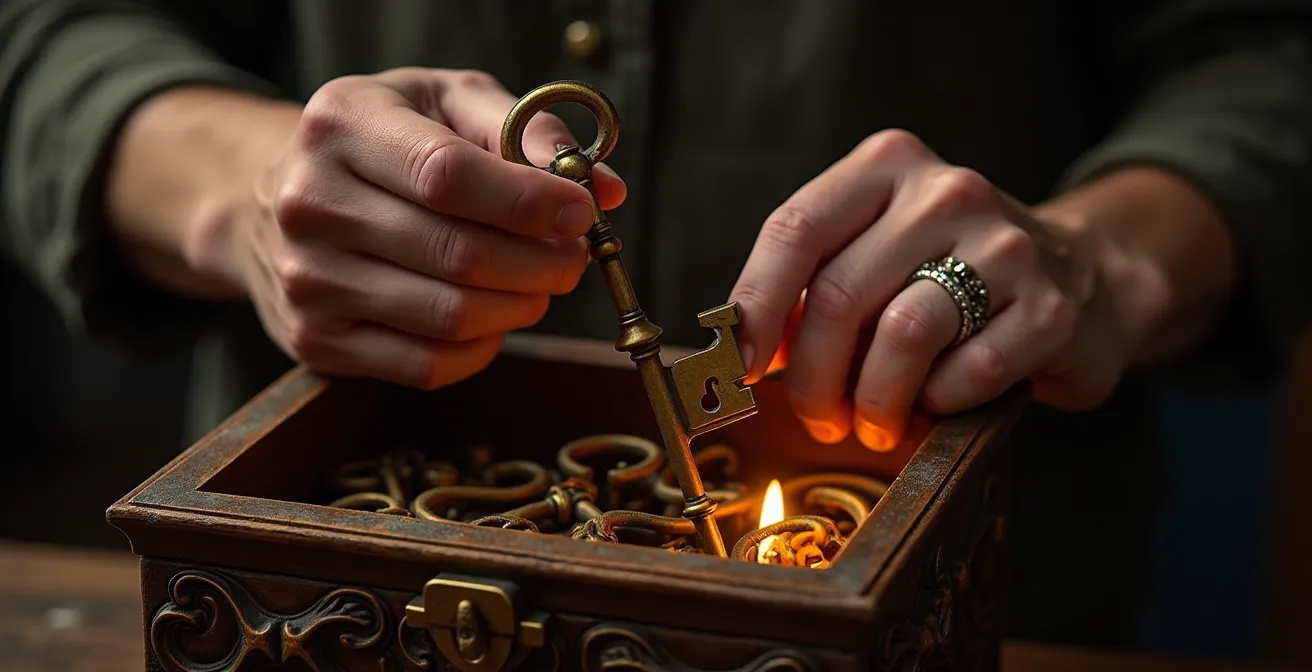 Close-up of hands holding vintage brass key hovering over locked ornate box with light escaping from edges