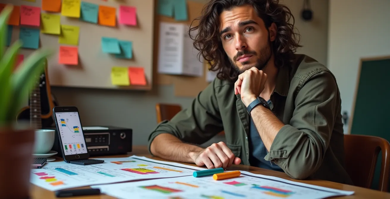 Musician planning pre-save campaign with calendar and marketing materials