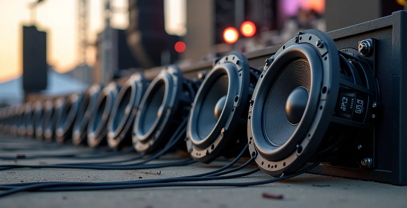 Professional subwoofer array setup showing cardioid configuration at outdoor festival stage