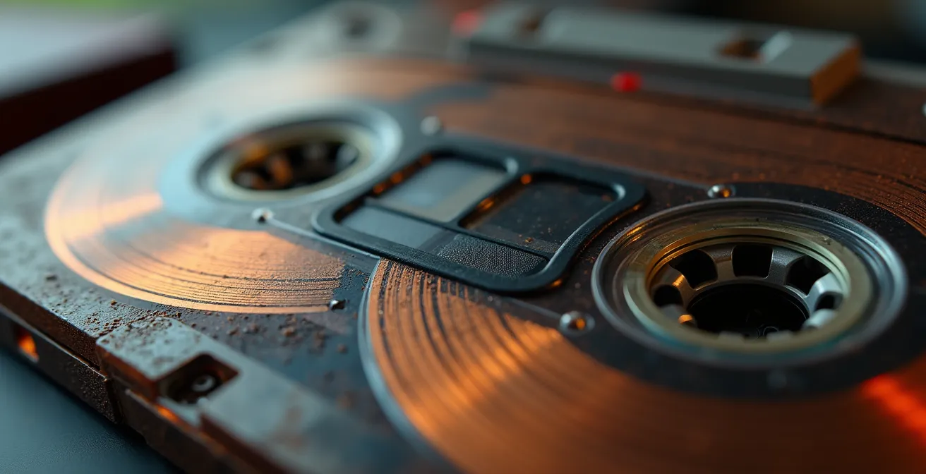 Extreme close-up of cassette tape reels and magnetic tape surface