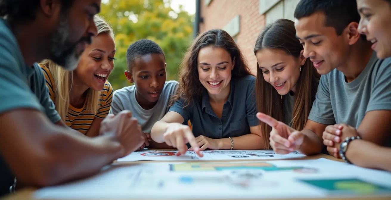 Diverse community members gathered around table reviewing mural design sketches