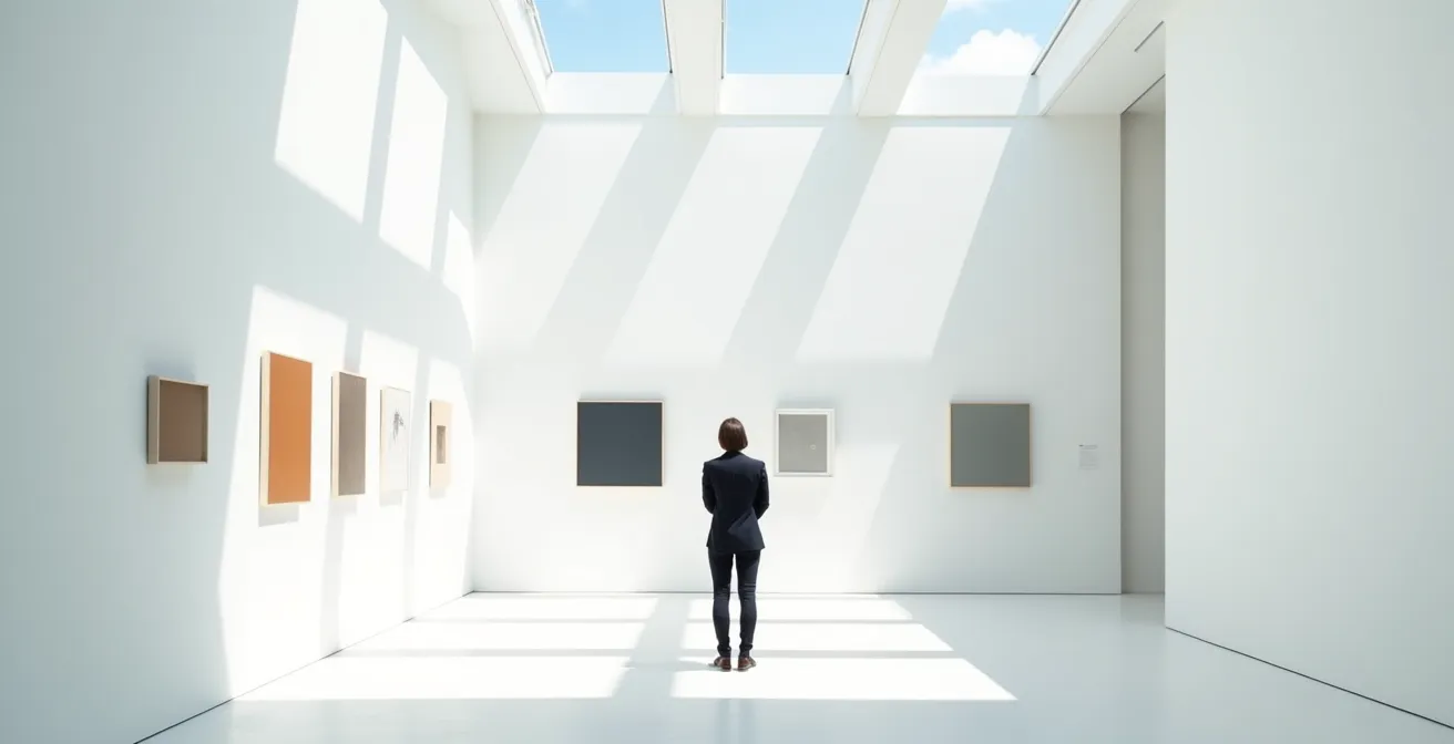 Curator viewing artwork in a minimalist gallery space with dramatic lighting, deciding which piece to select.