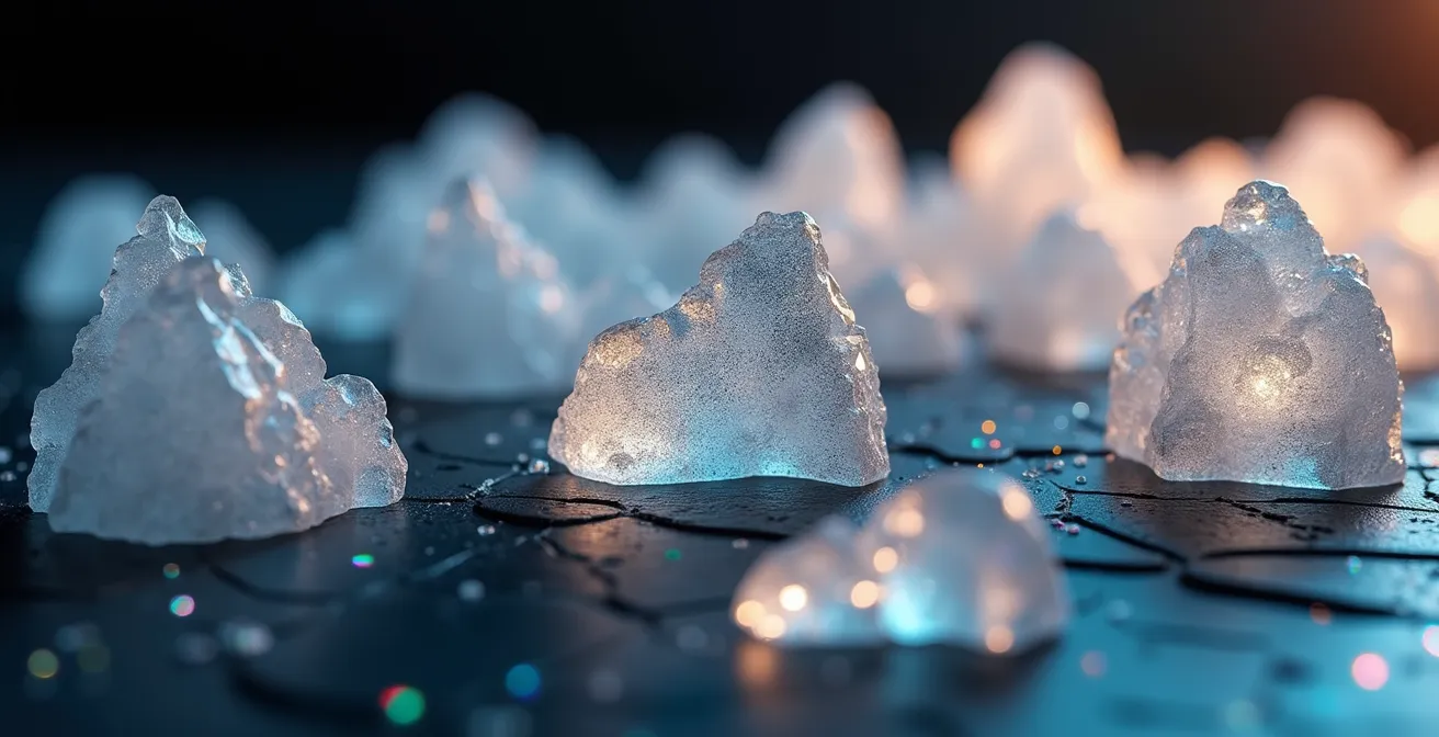 Macro shot of data visualization crystals forming tour route patterns