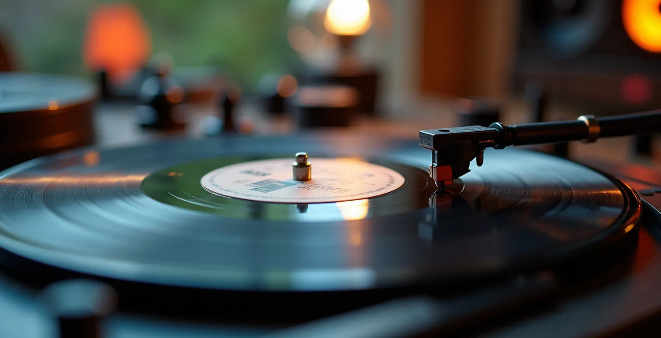 Macro shot of interconnected vinyl records and cables forming a network pattern representing diverse music discovery channels