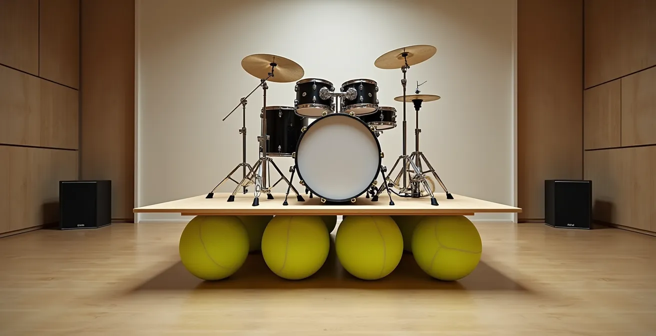 DIY drum riser setup showing acoustic isolation with tennis balls