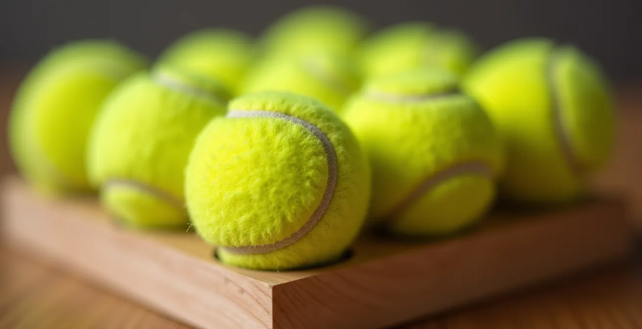 Close-up view of a DIY drum riser platform with tennis balls positioned underneath for vibration isolation