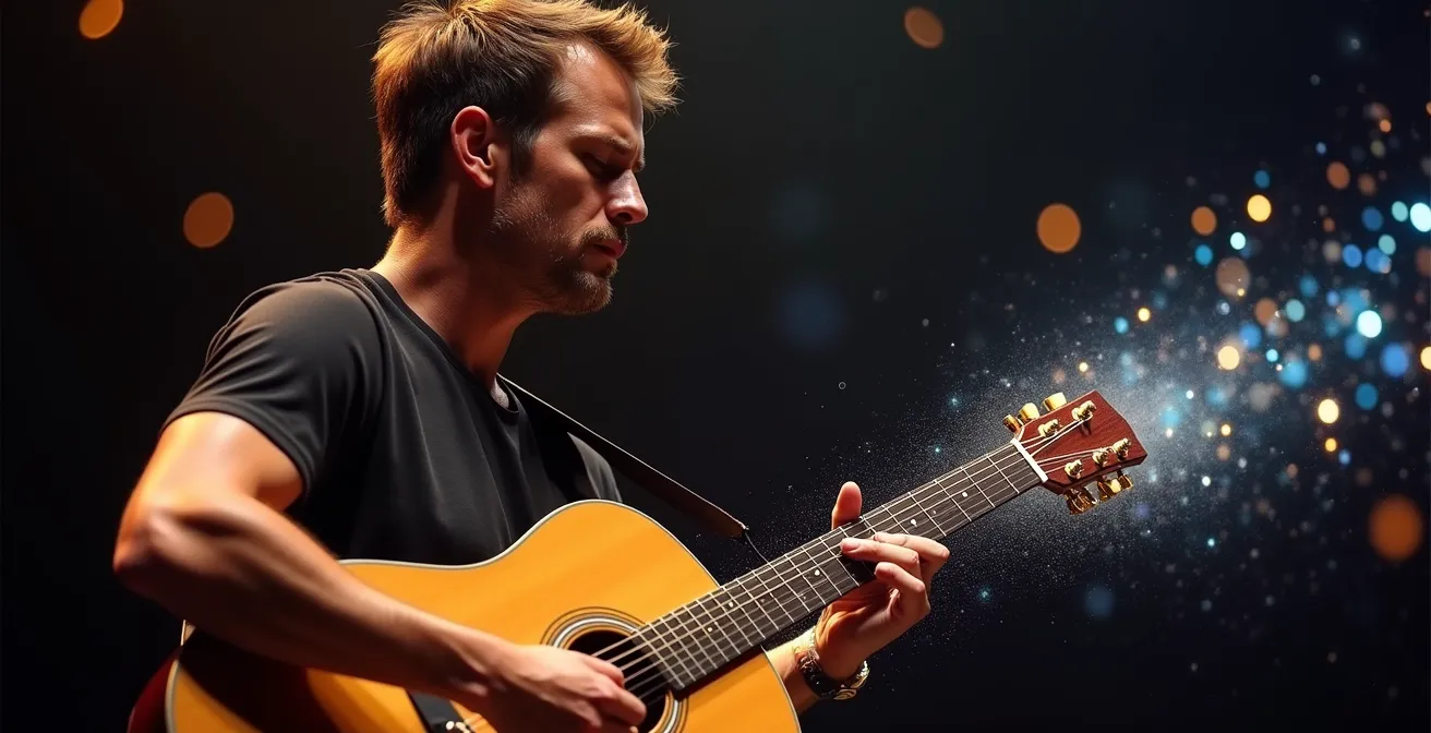 Close-up of guitarist with reactive visual elements responding to music