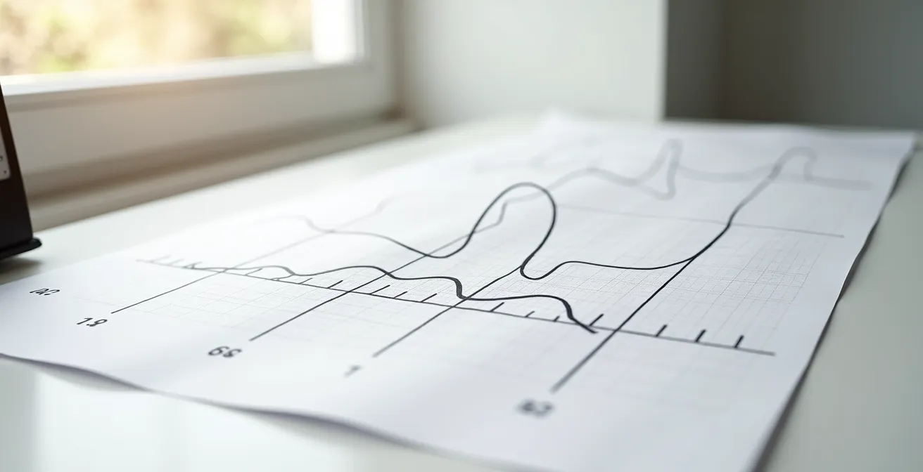 Abstract visualization of musical energy curves and density patterns on graph paper