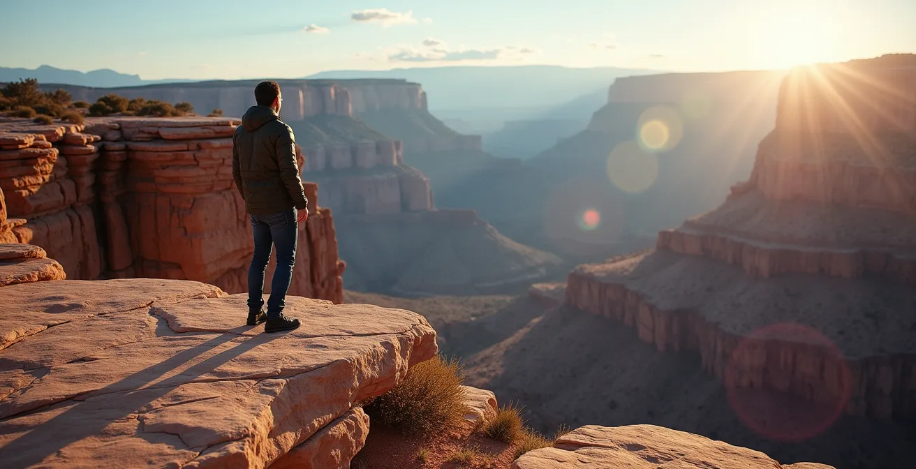 Environmental portrait with complete depth of field showing subject in context of dramatic landscape