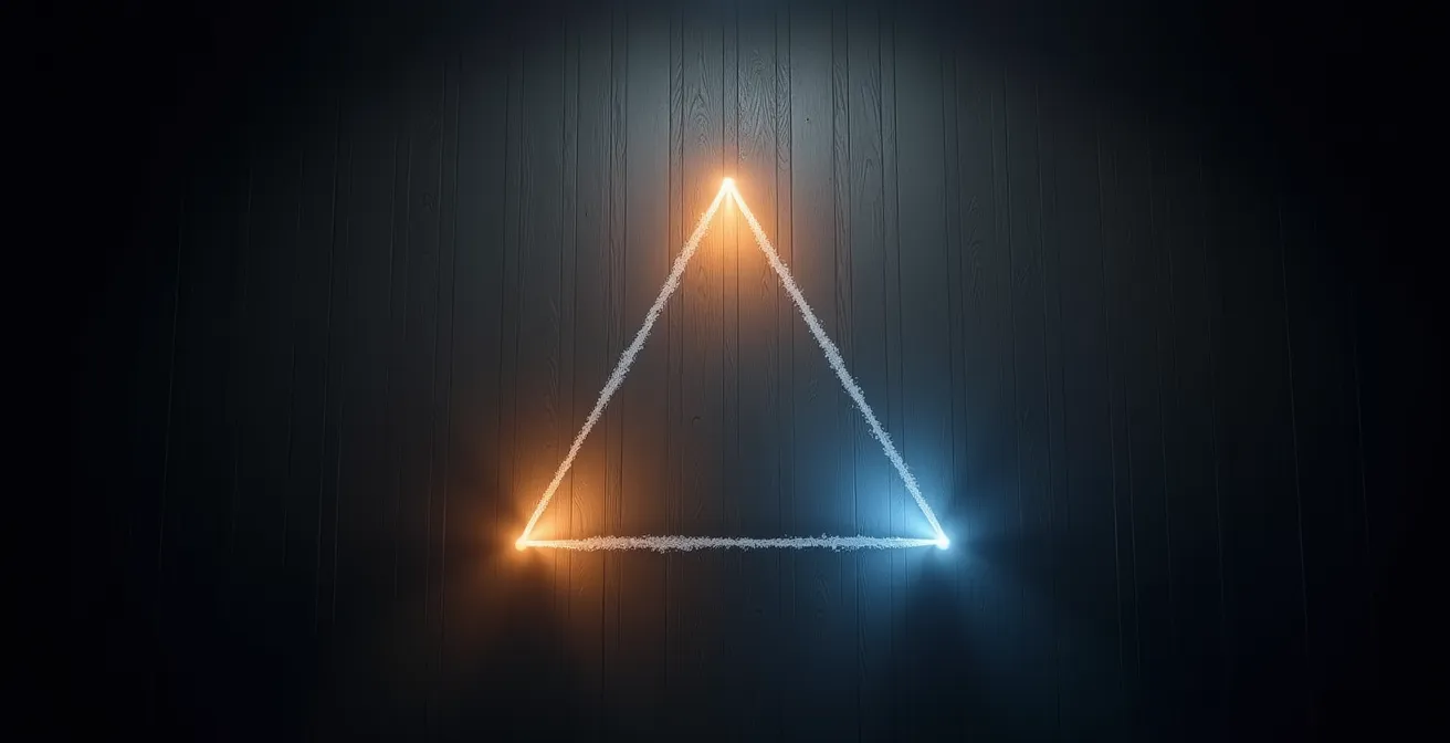 Overhead view of speaker placement forming perfect equilateral triangle with listener