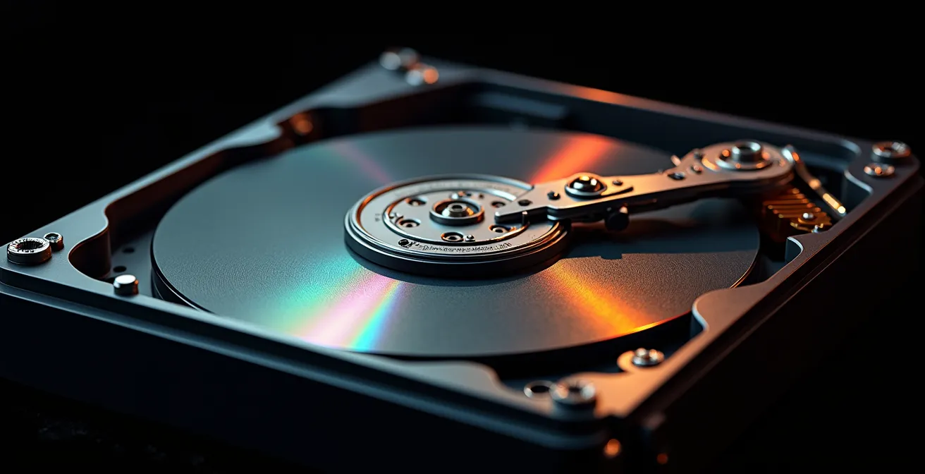Close-up view of hard drive platters and read heads showing wear patterns