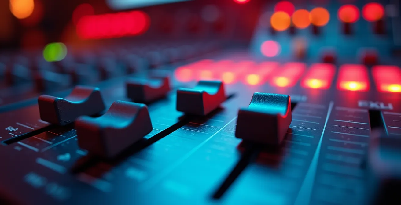 Close-up detail of professional audio mixing console during changeover process