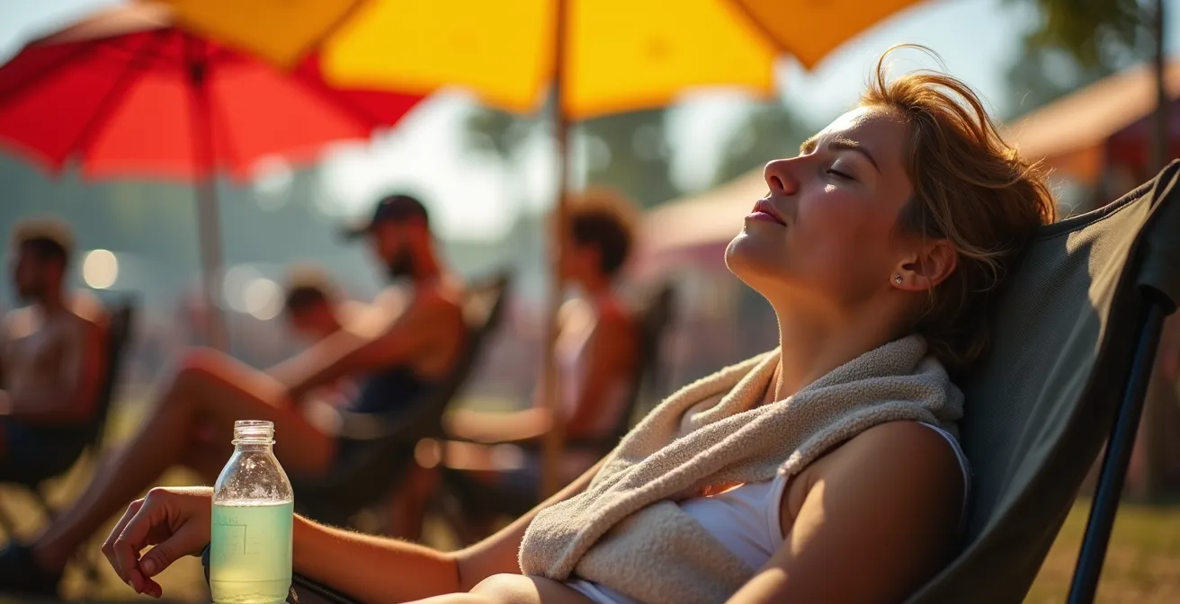 Festival-goer taking a strategic afternoon rest in a shaded area