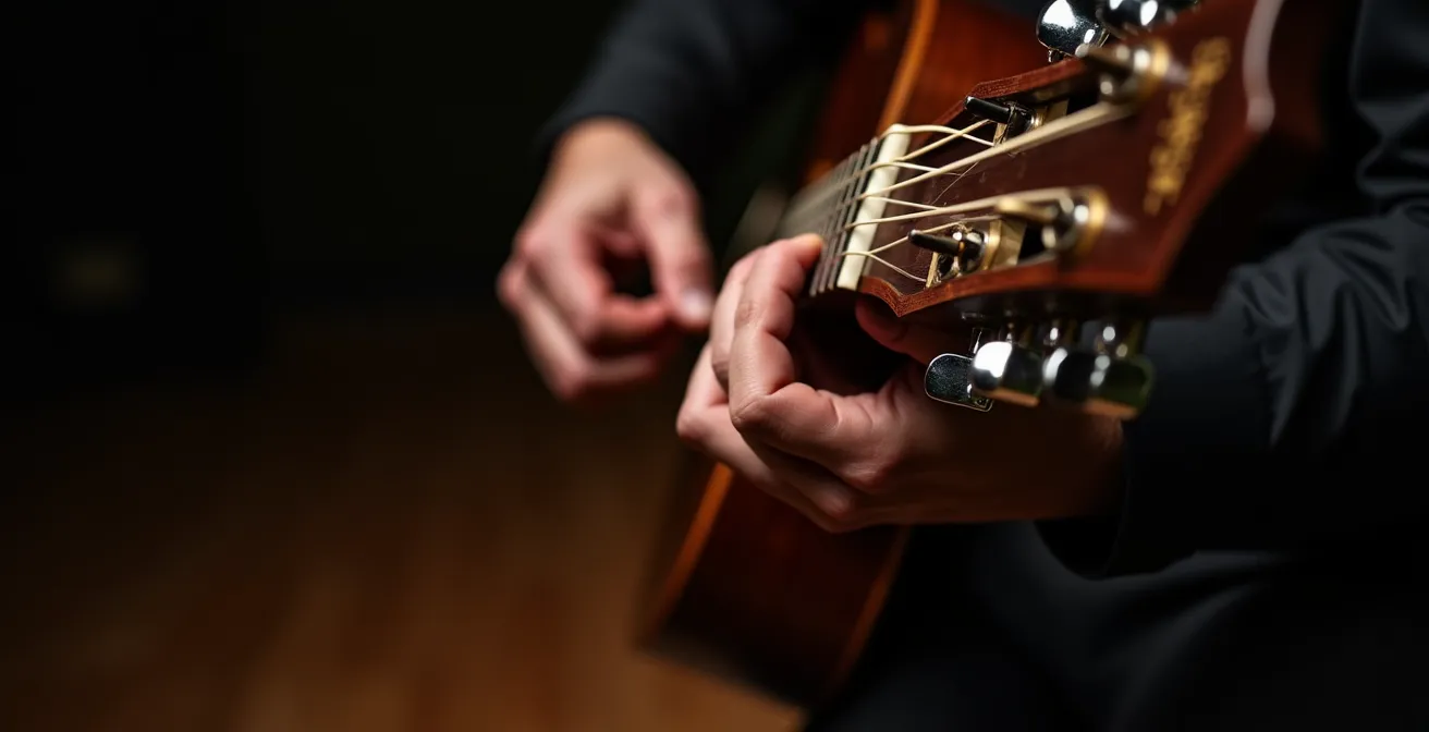 Close-up of guitarist's hand performing rasgueado strumming technique