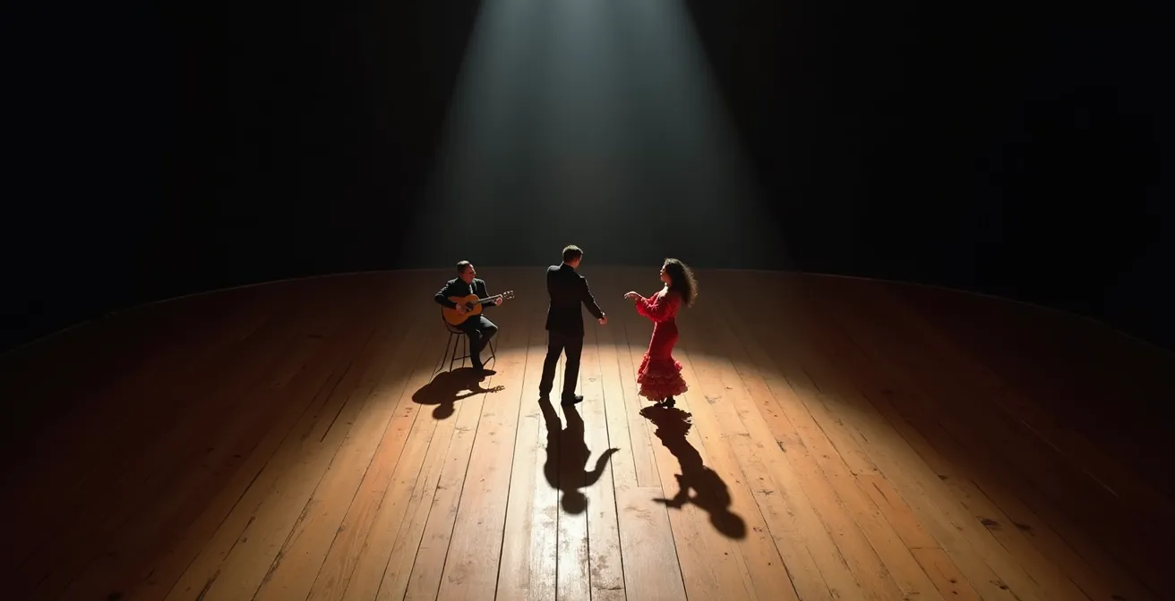 Wide shot of flamenco performers on stage showing emotional intensity and spatial dynamics