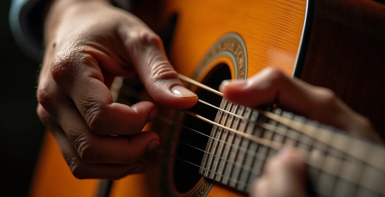 Close-up of flamenco guitarist's hands showing technical precision with emotional intensity
