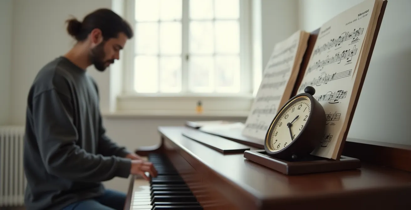 A timer showing 15 minutes with a musician practicing in the background, symbolizing a focused session.