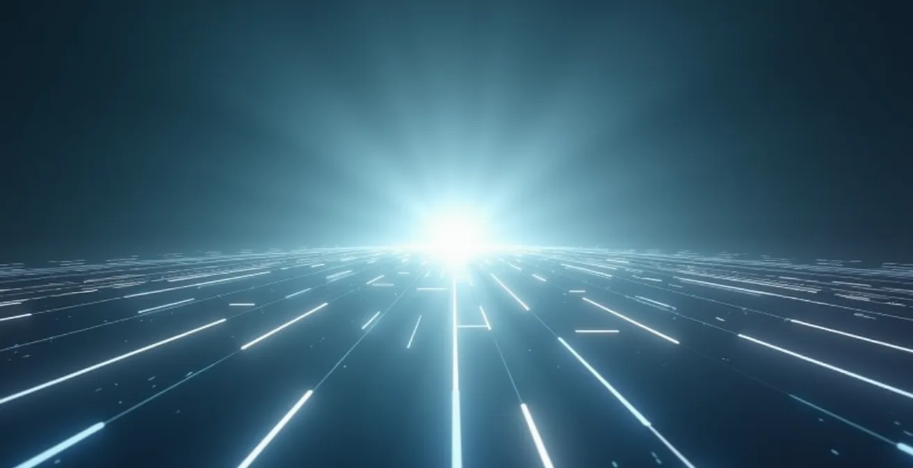 An abstract visualization showing interconnected beams of light, representing the global flow of music royalties from various sources converging at a central point.