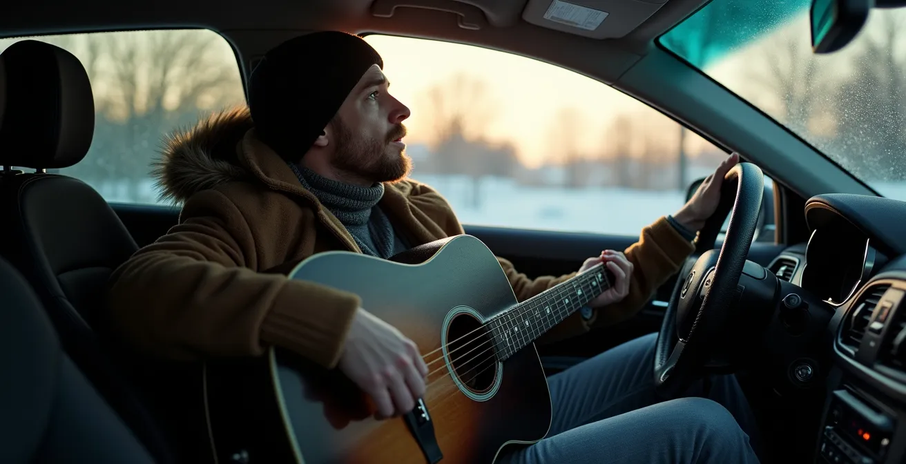 Winter car interior showing temperature effects on guitars