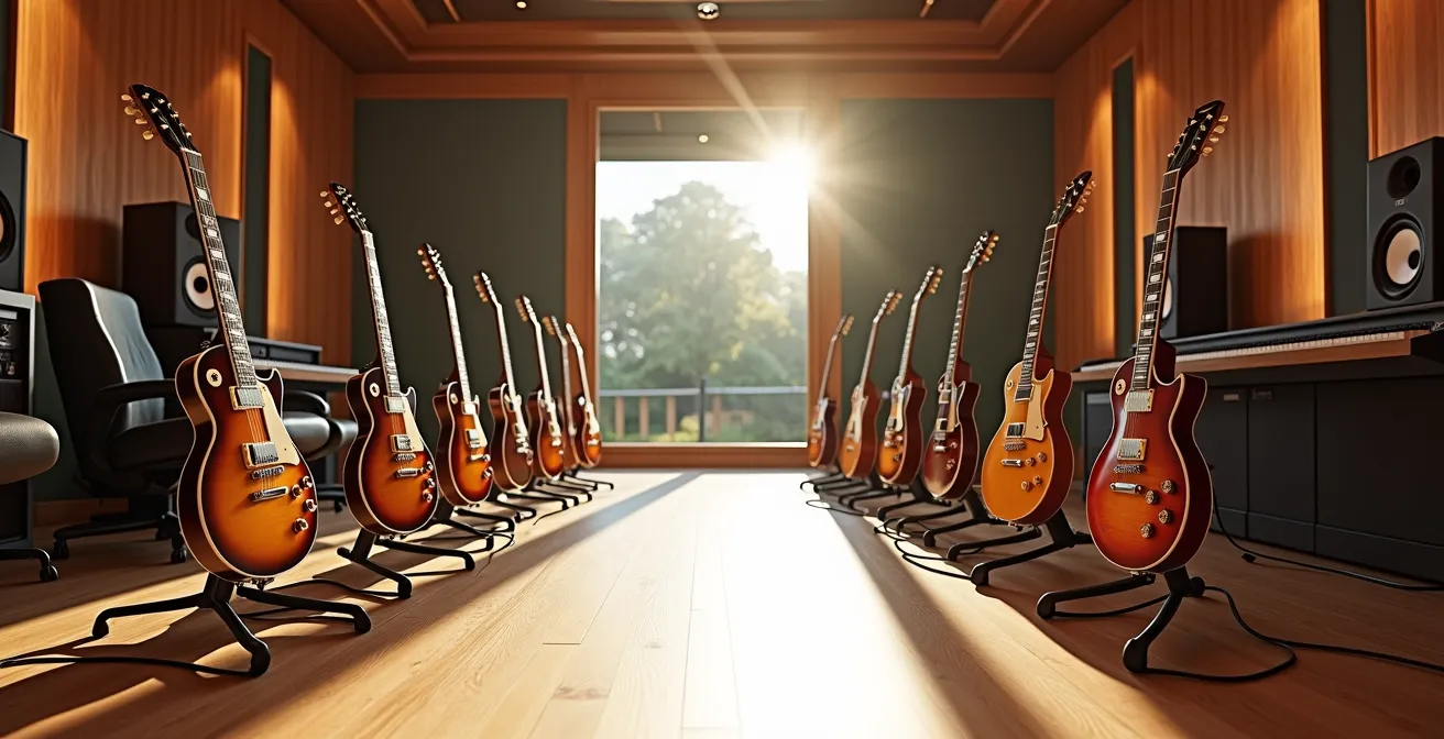 Multiple electric guitars arranged in a recording studio showing layering technique