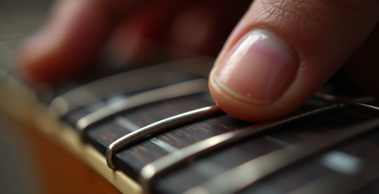 Close-up of guitarist's fingers bending a string to achieve microtonal blue notes