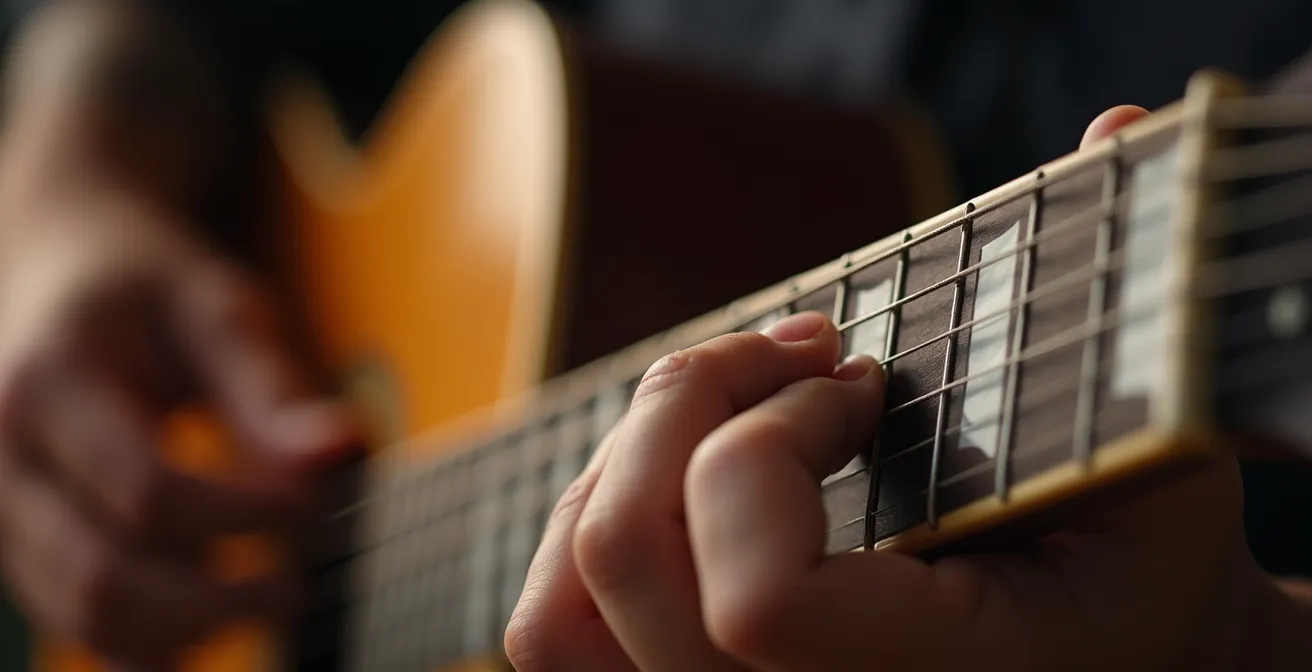 Close-up of guitarist's hands demonstrating reggae chop technique