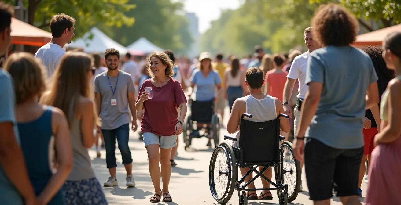 Human perspective shot showing diverse festival attendees including wheelchair users enjoying an accessible outdoor festival space with clear pathways