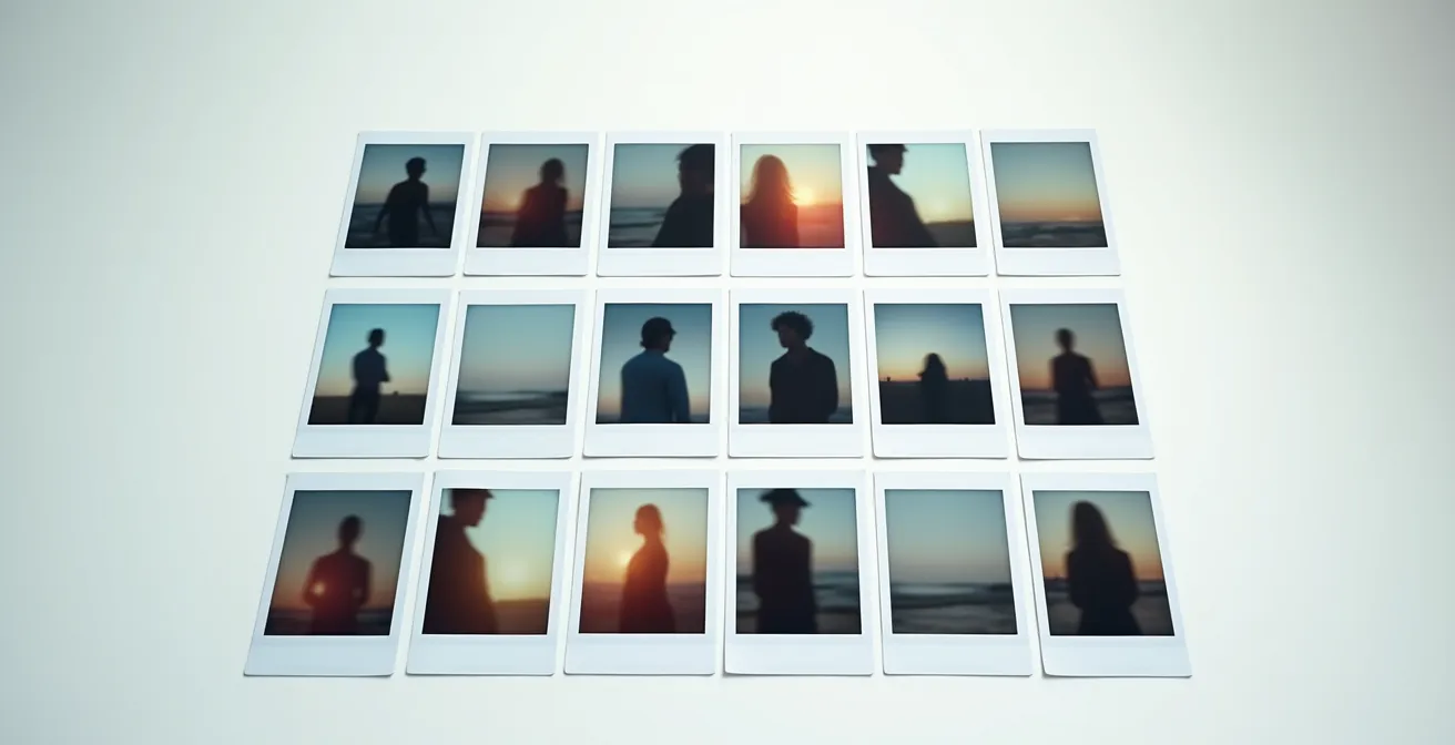 Aerial view of artist's Instagram grid laid out as physical polaroid photos creating a narrative mosaic