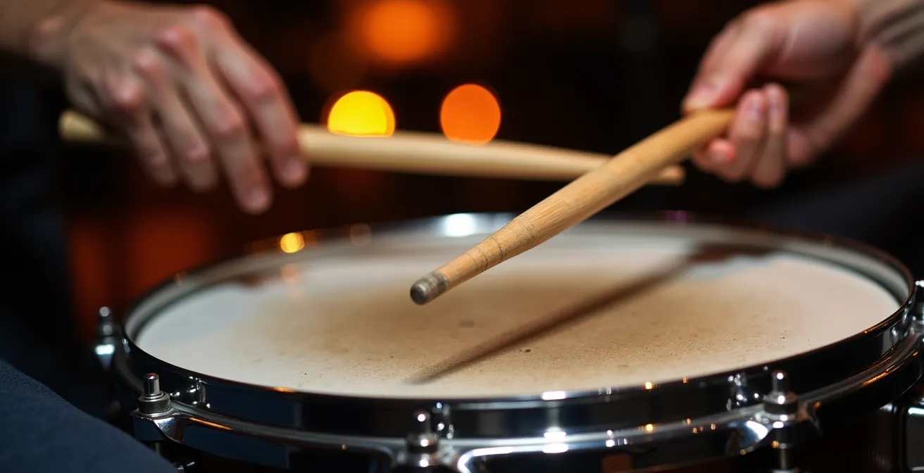Close-up of drummer's hands creating rhythmic patterns on drum kit