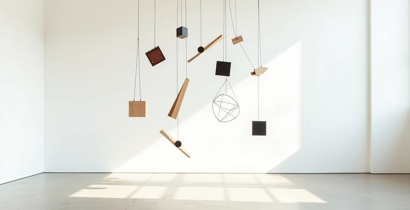 A suspended kinetic sculpture captured mid-movement showing multiple balance points