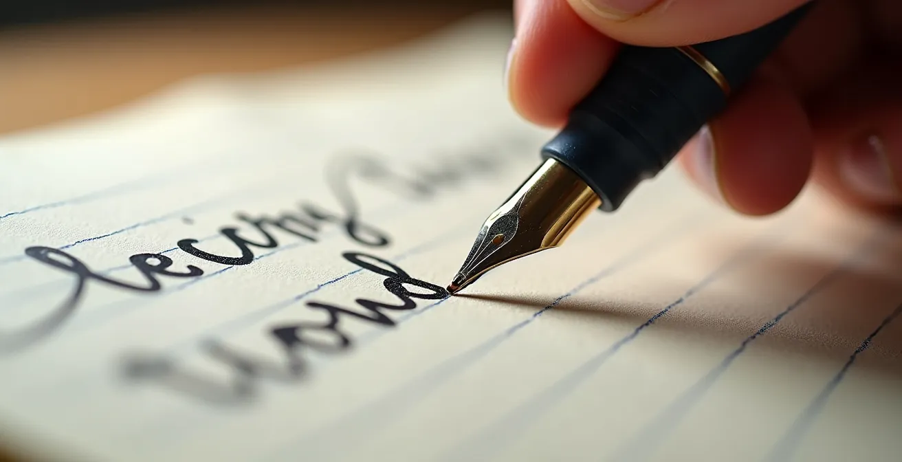 Macro shot of a songwriter's notebook, with handwritten ink marks suggesting the creation of open-ended lyrics.