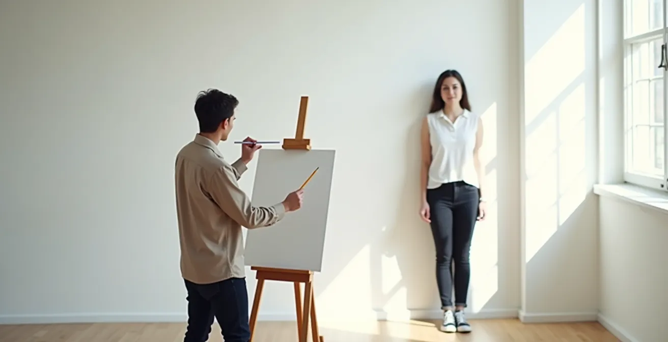 Artist's extended arm holding pencil at arm's length measuring figure proportions