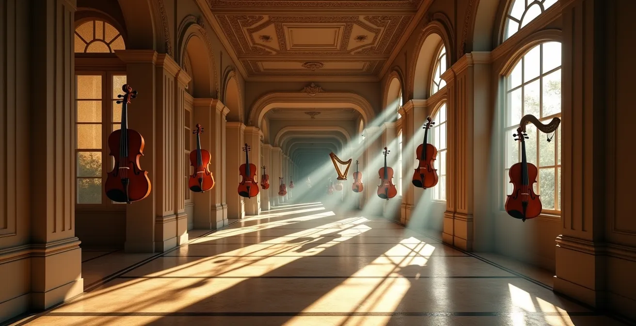 Abstract visualization of a memory palace with musical elements flowing through architectural spaces