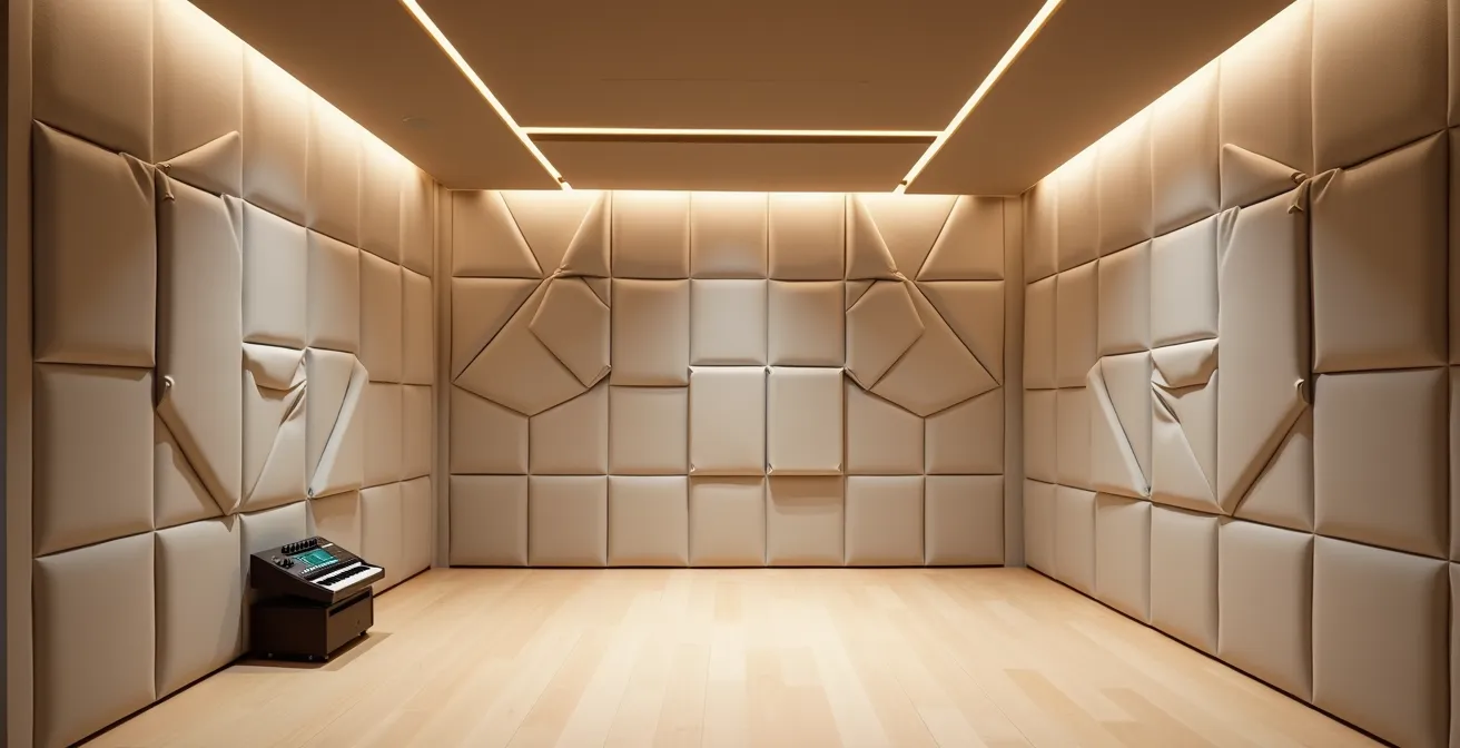 Wide angle view of minimalist recording studio with geometric acoustic panels