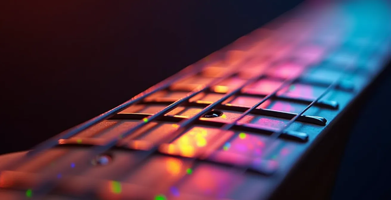 Macro shot of guitar fretboard showing modal patterns with colored light reflections