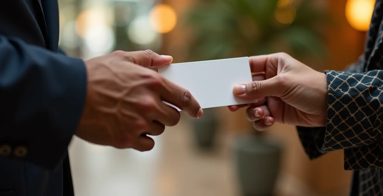 Music industry professionals exchanging business cards in a hotel lobby