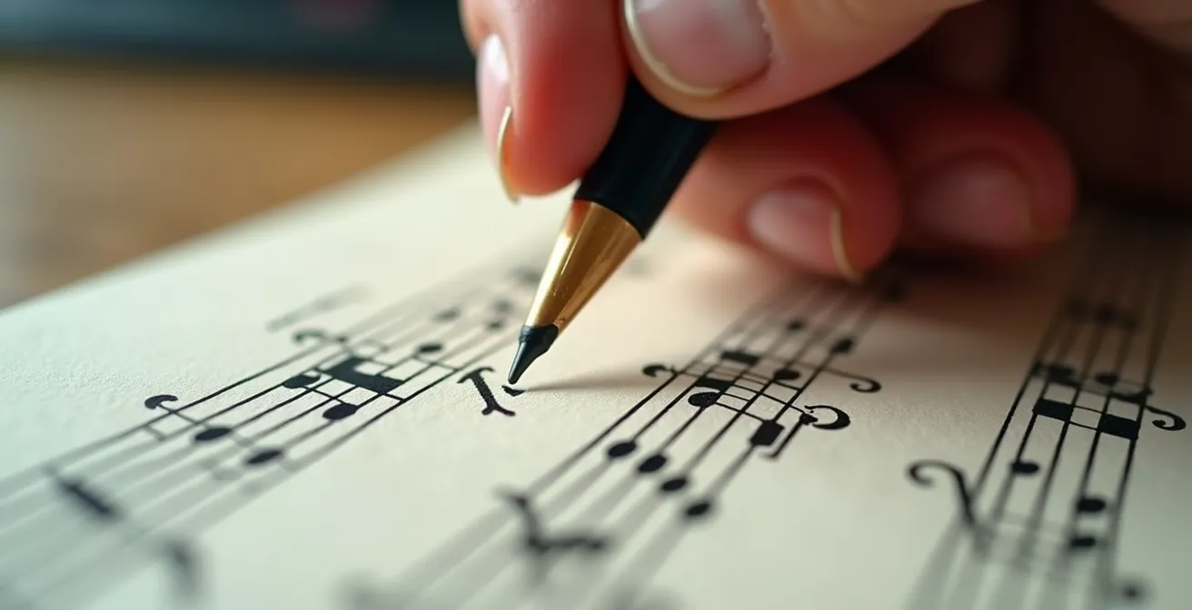 A close-up of hands analyzing the structure of a musical score, representing the process of chunking for memorization.