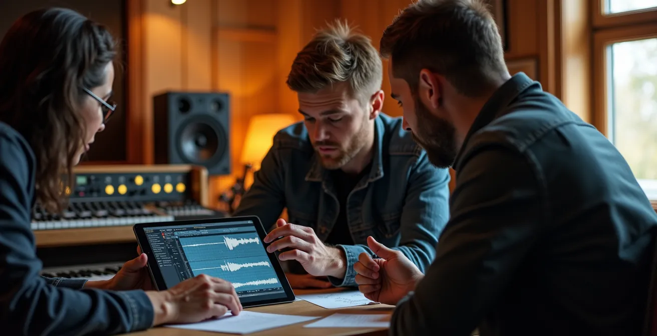 Musicians in a studio setting professionally documenting their songwriting collaboration on a digital tablet.