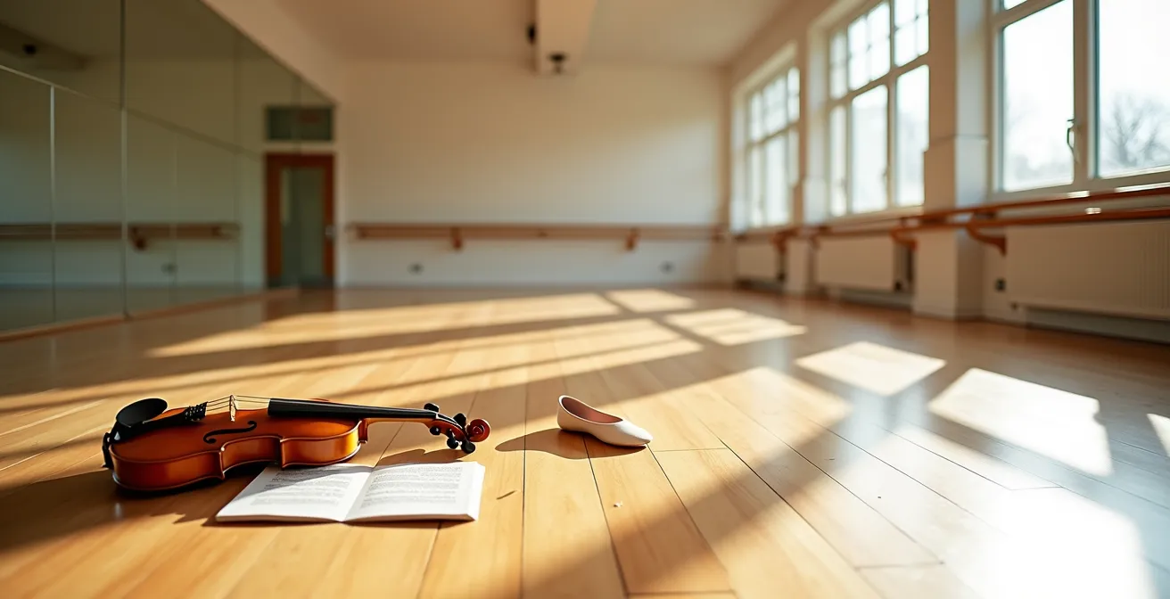 Wide shot of empty dance studio with musical instruments suggesting movement and rhythm connection