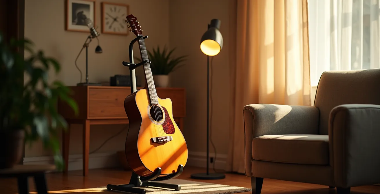 A dedicated music practice corner with an instrument on a stand, ready to play, creating an inviting atmosphere.