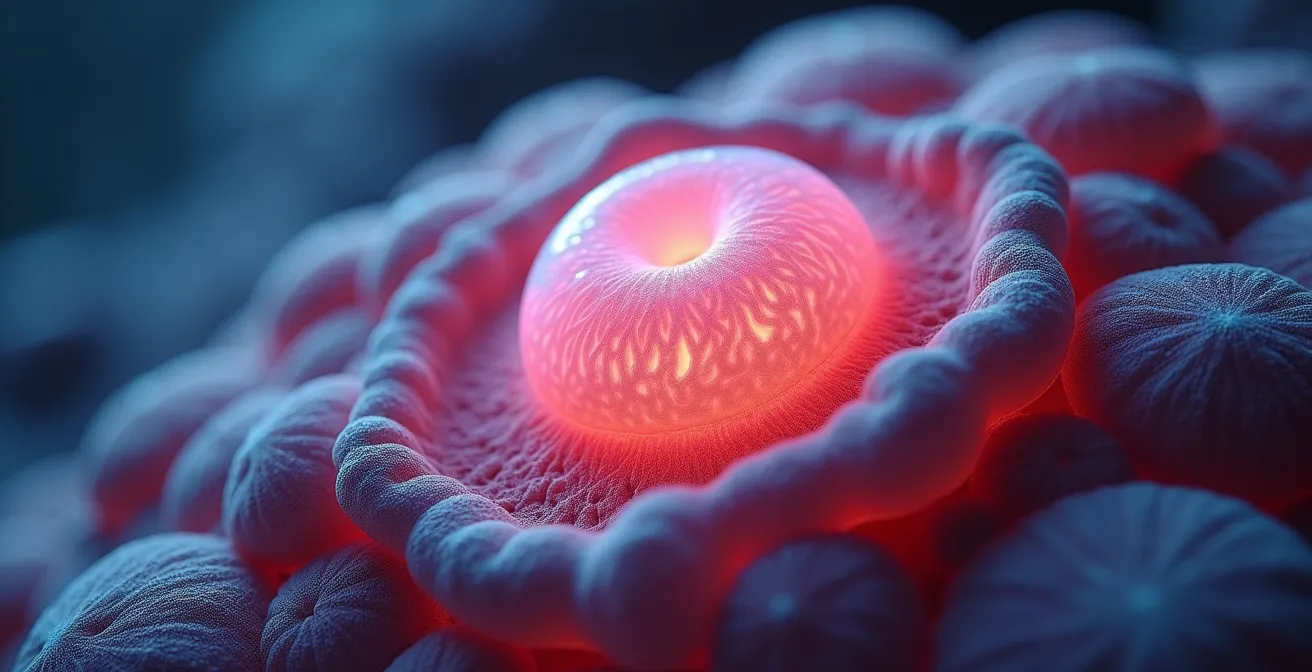 Cross-section illustration of Pacinian corpuscles responding to bass vibrations in the chest